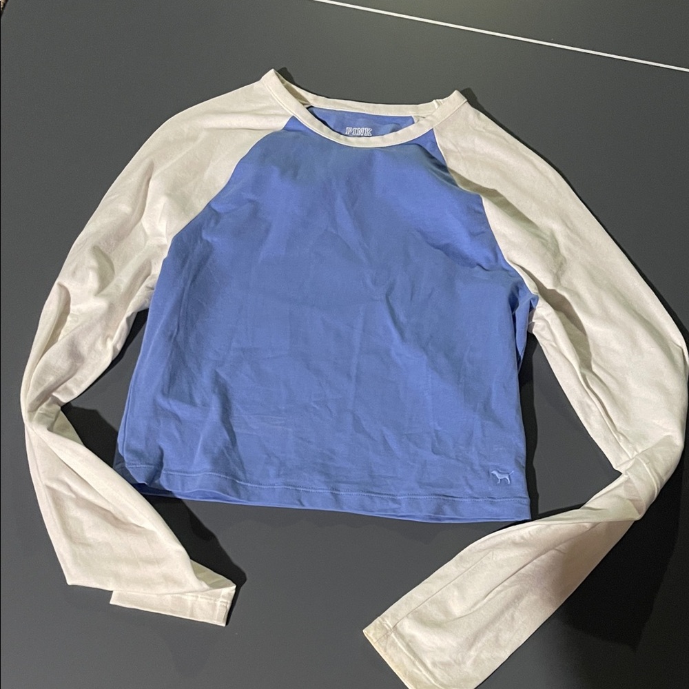 PINK Victoria's Secret Blue Body with Cream Raglan Long-Sleeve Tee